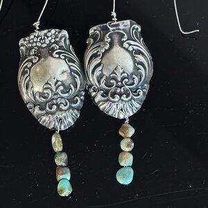 Genuine Royston Turquoise Floral Antique Sterling Silver Earrings Dangle .925